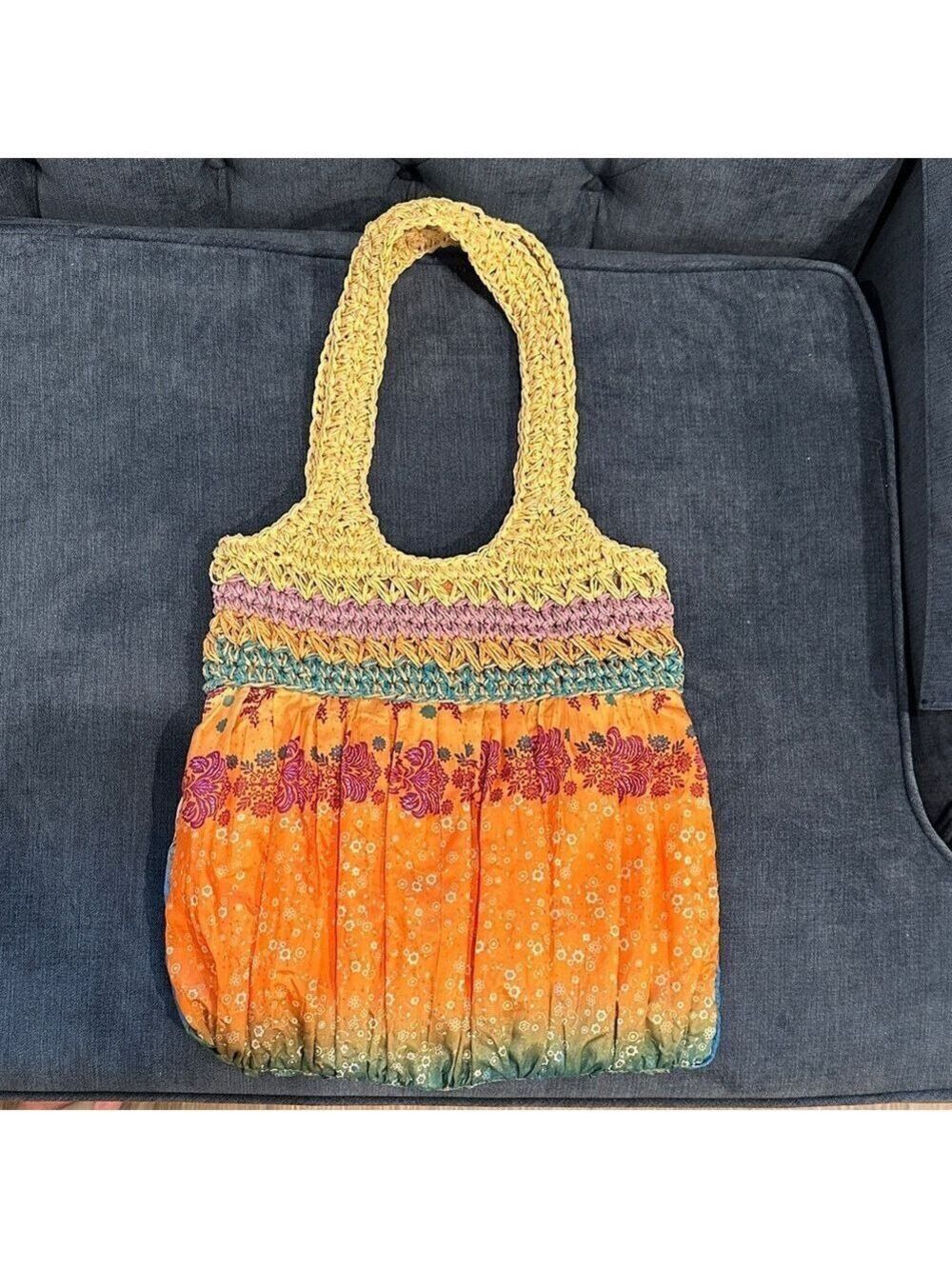 Cappelli Straworld Multicolor Crochet and Fabric Tote Bag, Beaded tassels